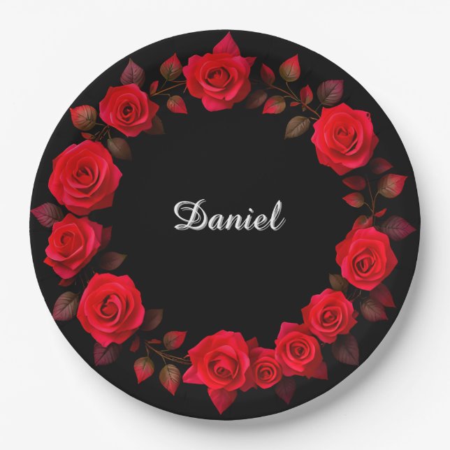 Red Rose Floral Wreath on Black Background Paper Plate (Front)