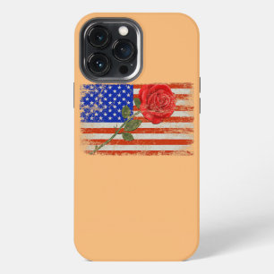 Red Rose Flower American Flag Love Valentine iPhone 13 Pro Max Case