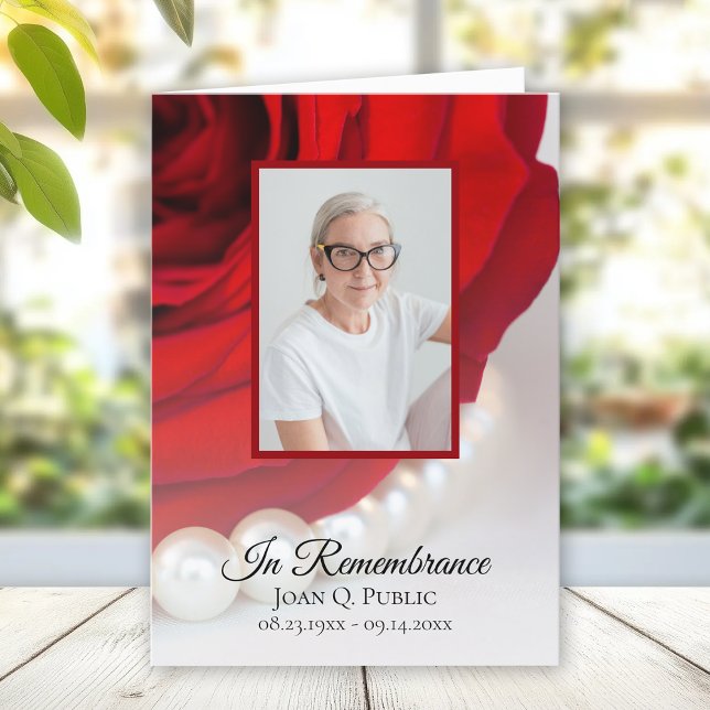 Red Rose Flower and Pearls Funeral Service Folded Program (Creator Uploaded)