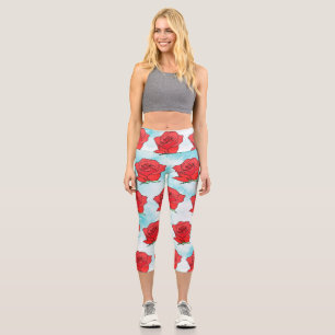 Red Rose Flower Art Capri Leggings