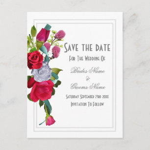 Red rose flower bouquet save the date announcement postcard