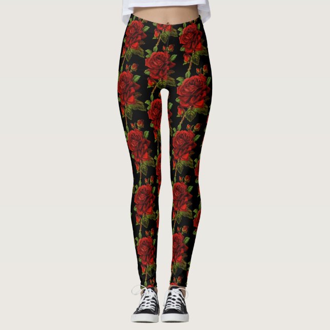 Red Rose Flower Floral Black Leggings (Front)