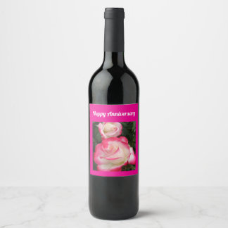 Red Rose Flower Floral Happy Anniversary Wine Label