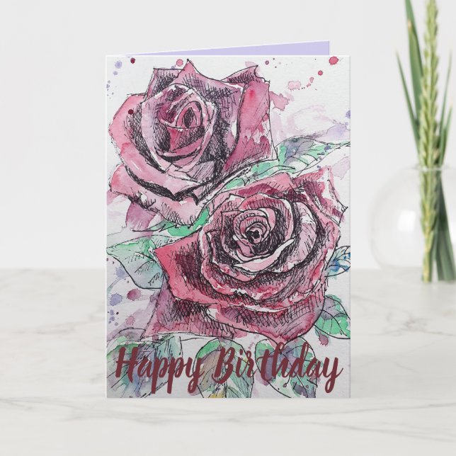 Red Rose Flower Floral Happy Birthday art Card (Front)