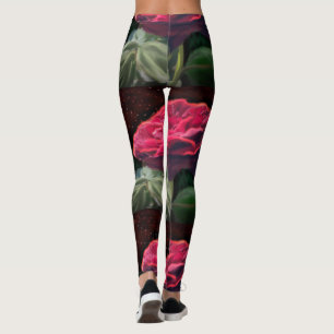 Red Rose Flower Green Black Art Floral Flowers  Leggings
