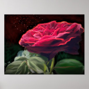 Red Rose Flower Green Black Art Floral Flowers  Poster
