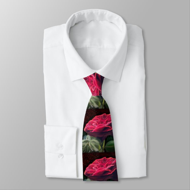 Red Rose Flower Green Black Art Floral Flowers  Tie (Tied)