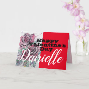 Red Rose Flower Happy Valentines Day Womans Name Card