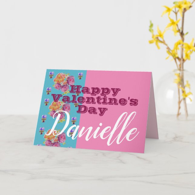 Red Rose Flower Happy Valentines Day Womans Name Card (Yellow Flower)