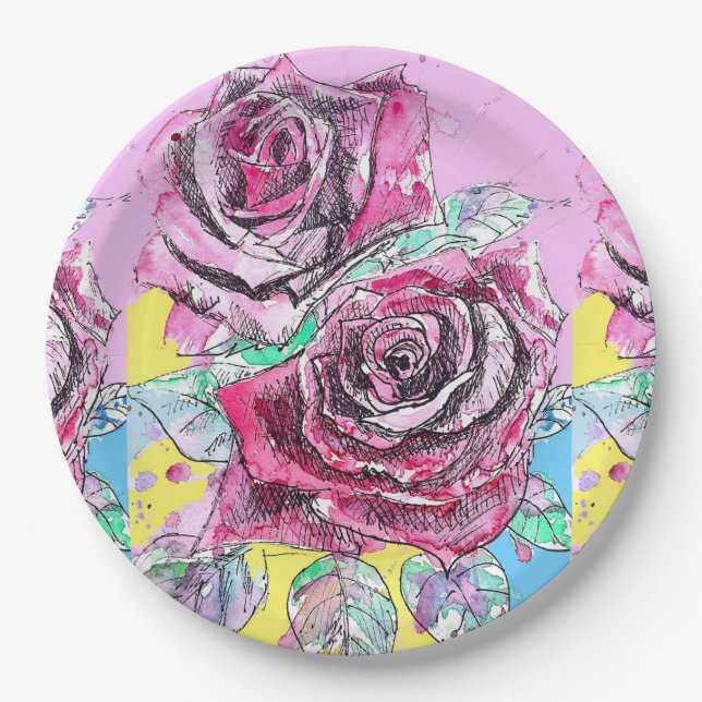 Red Rose Flower Pattern Art Paper Party Plate (Front)