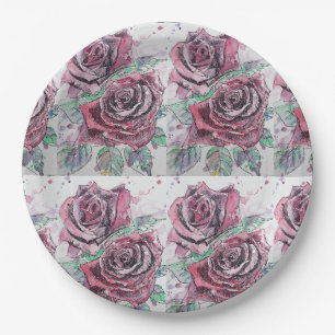 Red Rose Flower Pattern Watercolour Painting Paper Plate