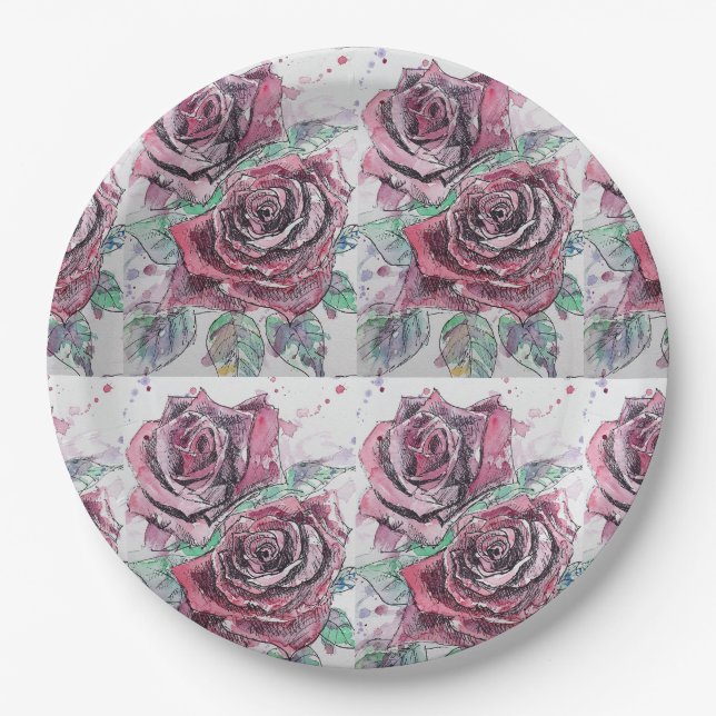 Red Rose Flower Pattern Watercolour Painting Paper Plate (Front)
