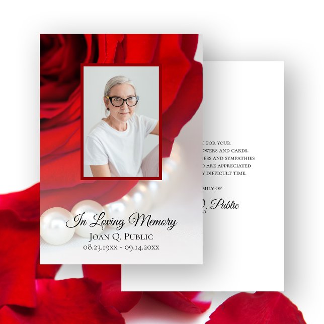 Red Rose Flower Pearls Funeral Memorial Sympathy Thank You Card (Creator Uploaded)