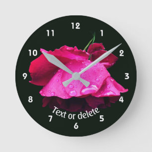 Red Rose Flower Raindrops Personalised Round Clock