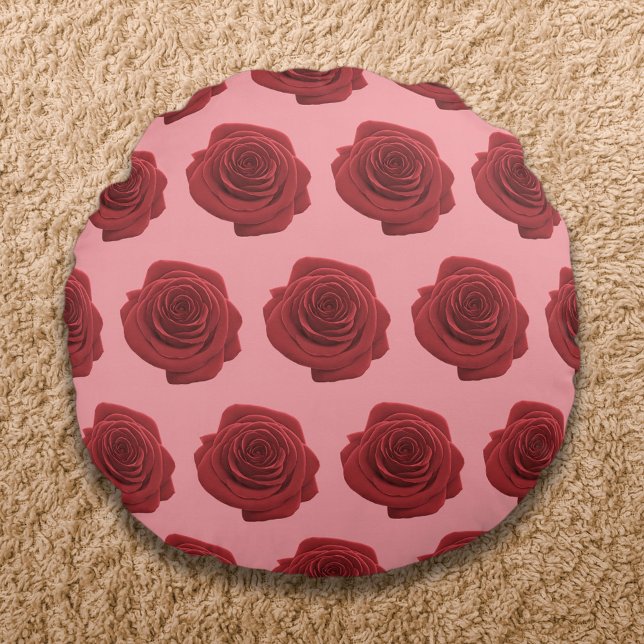 Red Rose Flower Seamless Pattern on Round Cushion (Red Rose flower seamless pattern on round throw pillow)