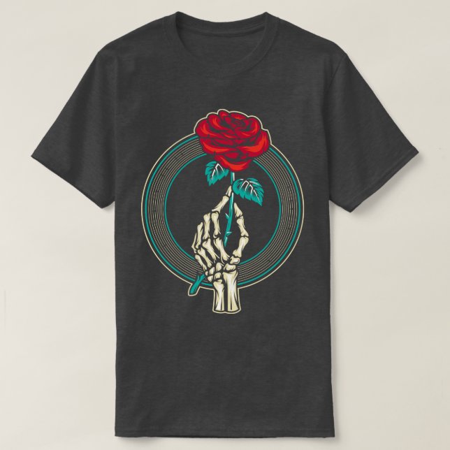 Red Rose Flower Skeleton Hand T-Shirt (Design Front)