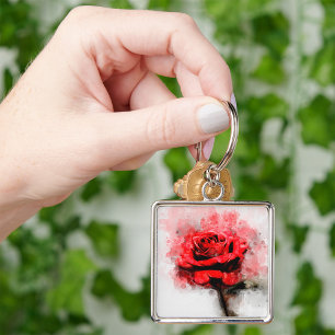 Red Rose flower watercolor - wb Key Ring