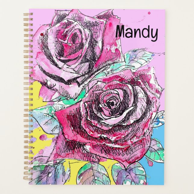 Red Rose Flower Watercolour Colourful Art Planner (Front)