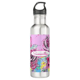 Red Rose Flower Watercolour Colourful Pink Art 710 Ml Water Bottle