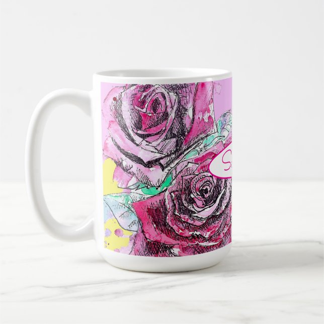 Red Rose Flower Watercolour Colourful Pink Art Coffee Mug (Left)