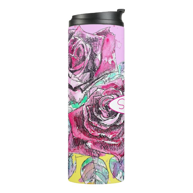 Red Rose Flower Watercolour Colourful Pink Art Thermal Tumbler (Rotated Left)