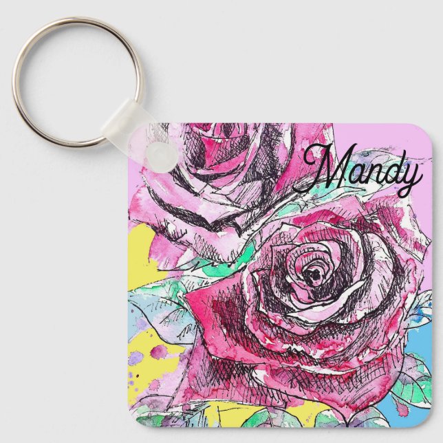 Red Rose Flower Watercolour Pink Colourful Art Key Ring (Front)