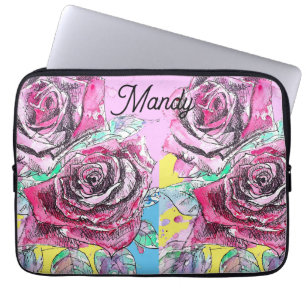 Red Rose Flower Watercolour Pink Colourful Art Laptop Sleeve