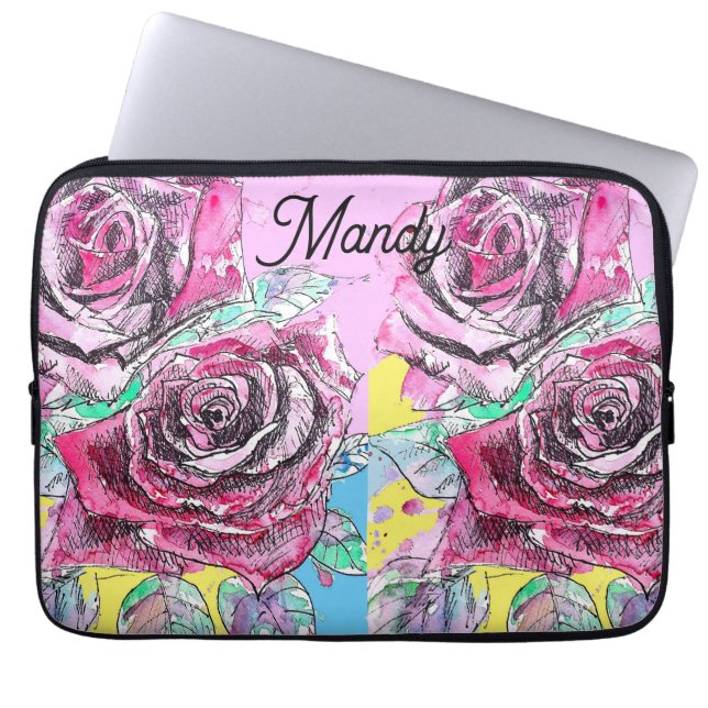 Red Rose Flower Watercolour Pink Colourful Art Laptop Sleeve (Front)