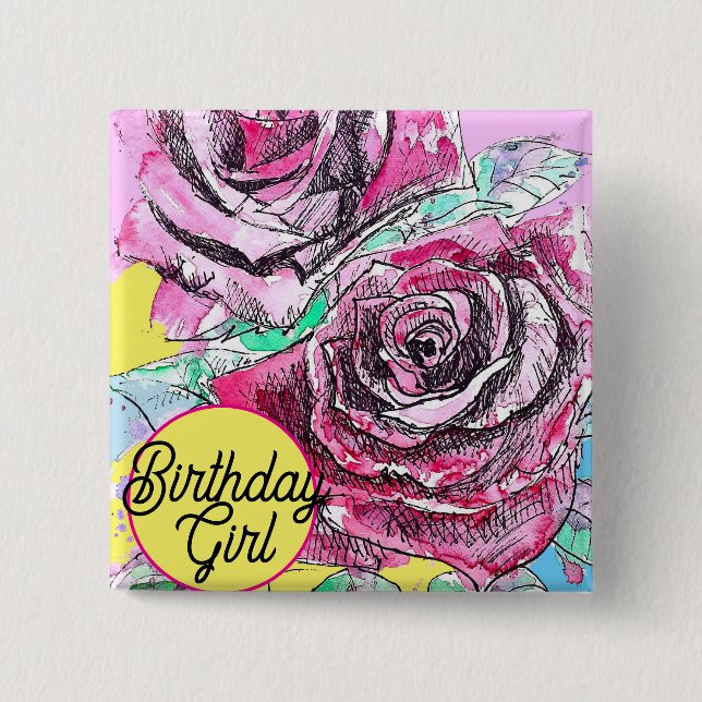 Red Rose Flower Watercolour Pink Colourful Mum Art 15 Cm Square Badge (Front)