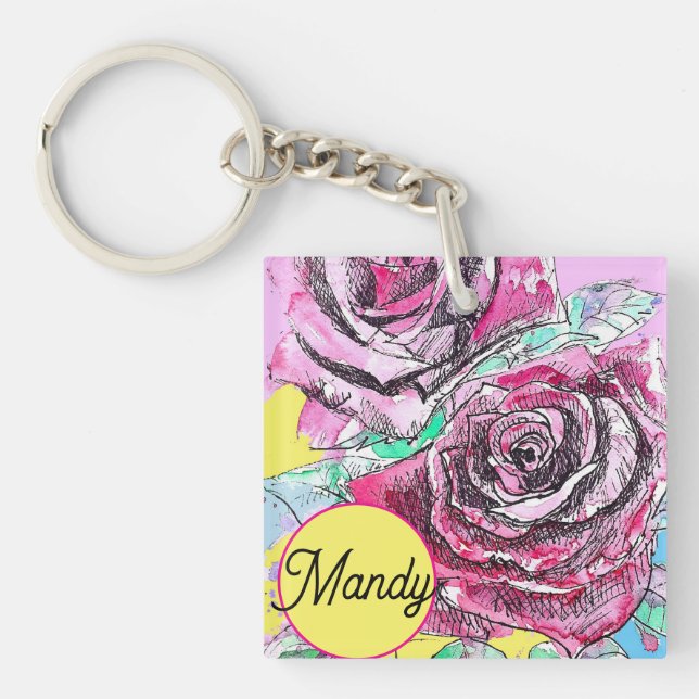 Red Rose Flower Watercolour Pink Colourful Mum Art Key Ring (Front)