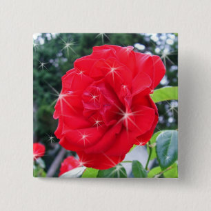 red  rose flower with stars 15 cm square badge