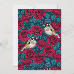 Red Rose flowers and goldfinch birds