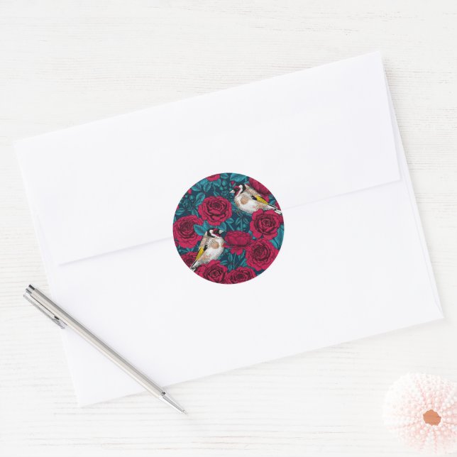 Red Rose flowers and goldfinch birds Classic Round Sticker (Envelope)