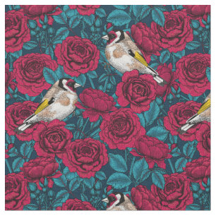 Red Rose flowers and goldfinch birds Fabric