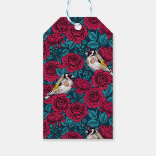 Red Rose flowers and goldfinch birds Gift Tags
