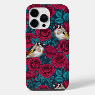 Red Rose flowers and goldfinch birds iPhone 14 Pro Max Case