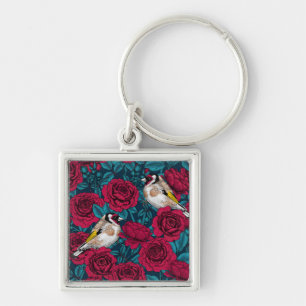 Red Rose flowers and goldfinch birds Key Ring