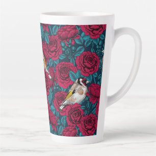 Red Rose flowers and goldfinch birds Latte Mug