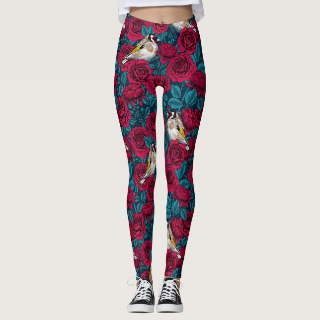 Red Rose flowers and goldfinch birds Leggings (Front)