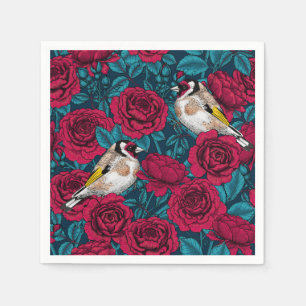 Red Rose flowers and goldfinch birds Napkin