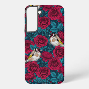 Red Rose flowers and goldfinch birds Samsung Galaxy Case