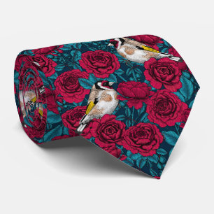 Red Rose flowers and goldfinch birds Tie