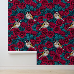 Red Rose flowers and goldfinch birds Wallpaper