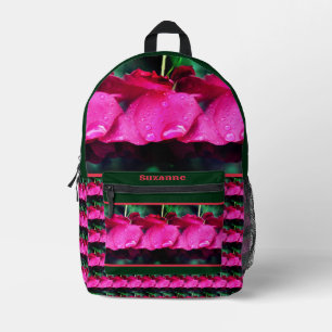 Red Rose Flowers And Raindrops Personalised Printed Backpack