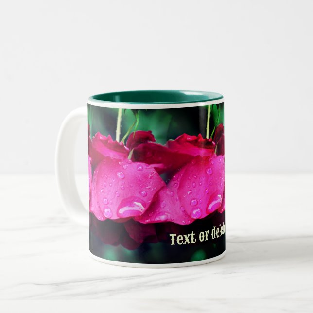 Red Rose Flowers And Raindrops Personalised Two-Tone Coffee Mug (Front Left)