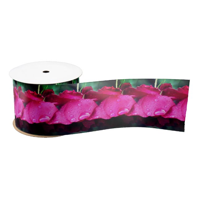 Red Rose Flowers And Raindrops  Satin Ribbon (Spool)