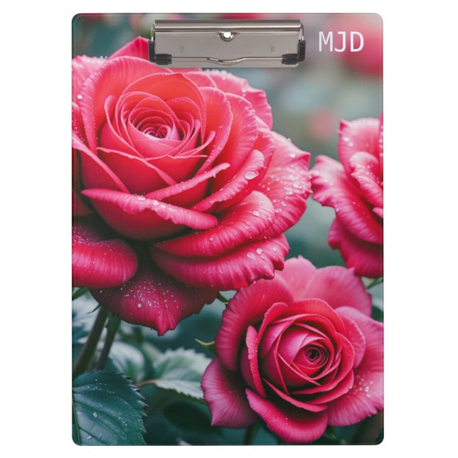 Red Rose Flowers Monogrammed Garden Lover's Clipboard (Front)
