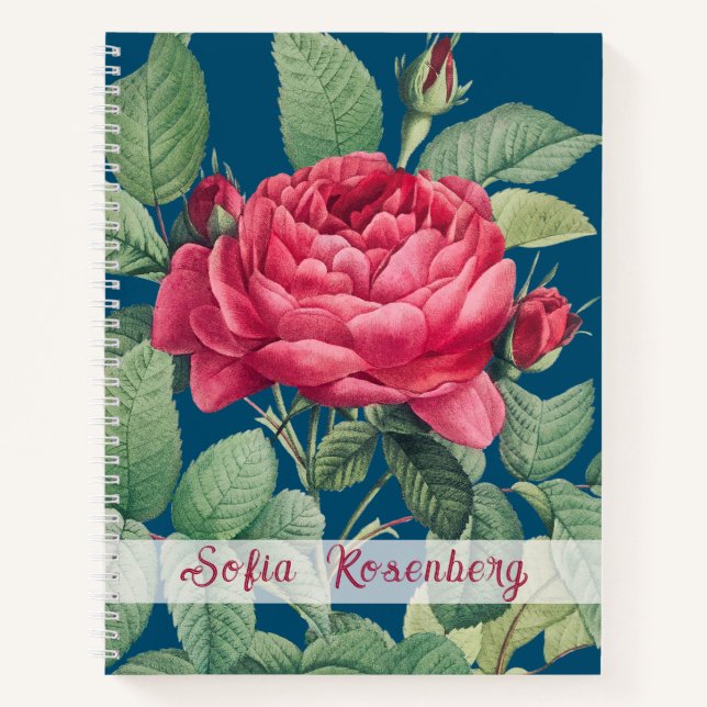 Red Rose Flowers with Green Leaves Monogram Notebook (Front)