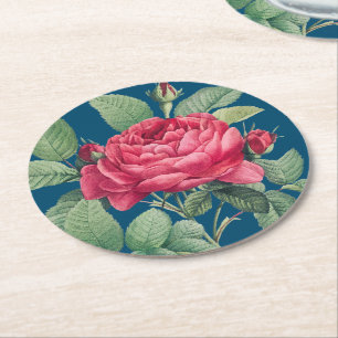 Red Rose Flowers with Green Leaves Round Paper Coaster