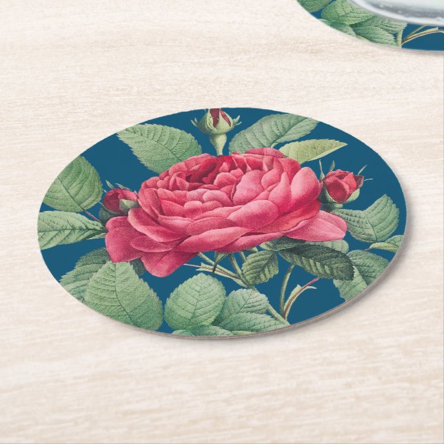 Red Rose Flowers with Green Leaves Round Paper Coaster (Angled)